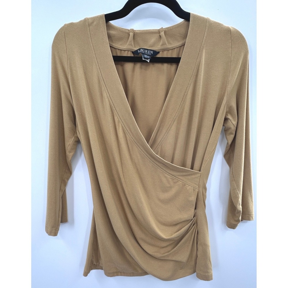 Lauren Ralph Lauren Ruched Faux Wrap Top Camel Tan 3/4 Sleeve Size Small - Picture 2 of 8